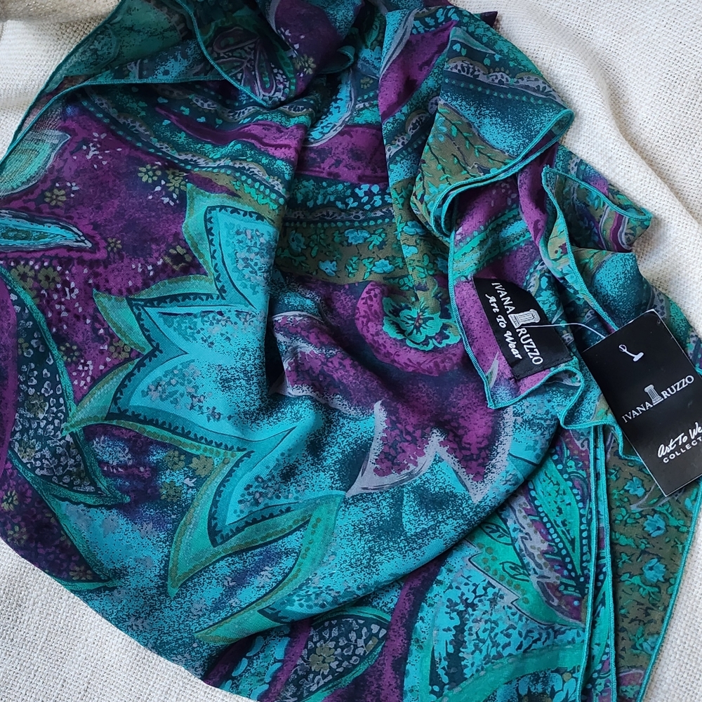 Designer Blue Purple Violet Scarf Silk/Viscose Bow Jabot Paisley Big Brooch - Picture 13 of 17